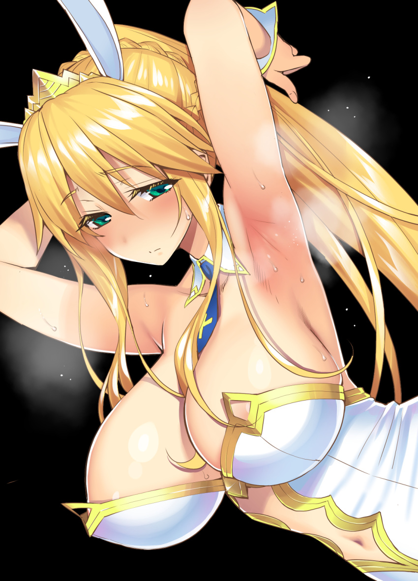 1girl ahoge animal_ears armpits arms_behind_head arms_up artoria_pendragon_(all) artoria_pendragon_(swimsuit_ruler)_(fate) bangs bare_shoulders black_background blonde_hair blue_neckwear blush braid breasts bunny_ears cleavage clothing_cutout detached_collar fate/grand_order fate_(series) french_braid green_eyes hair_between_eyes highres large_breasts leotard long_hair looking_at_viewer namonashi navel navel_cutout necktie playboy_bunny ponytail sidelocks sweat tiara white_leotard wrist_cuffs