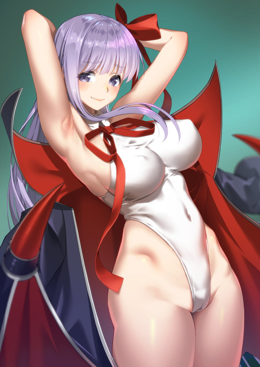 1girl absurdres armpits arms_behind_head bangs bare_arms bare_shoulders bb_(fate)_(all) bb_(swimsuit_mooncancer)_(fate) black_coat breasts cameltoe closed_mouth coat covered_navel covered_nipples cowboy_shot eyebrows_visible_through_hair fate/grand_order fate_(series) hair_ribbon hands_up highleg highleg_leotard highres large_breasts leotard long_hair looking_at_viewer neck_ribbon popped_collar purple_eyes purple_hair red_neckwear red_ribbon ribbon saruchitan simple_background smile solo very_long_hair white_leotard