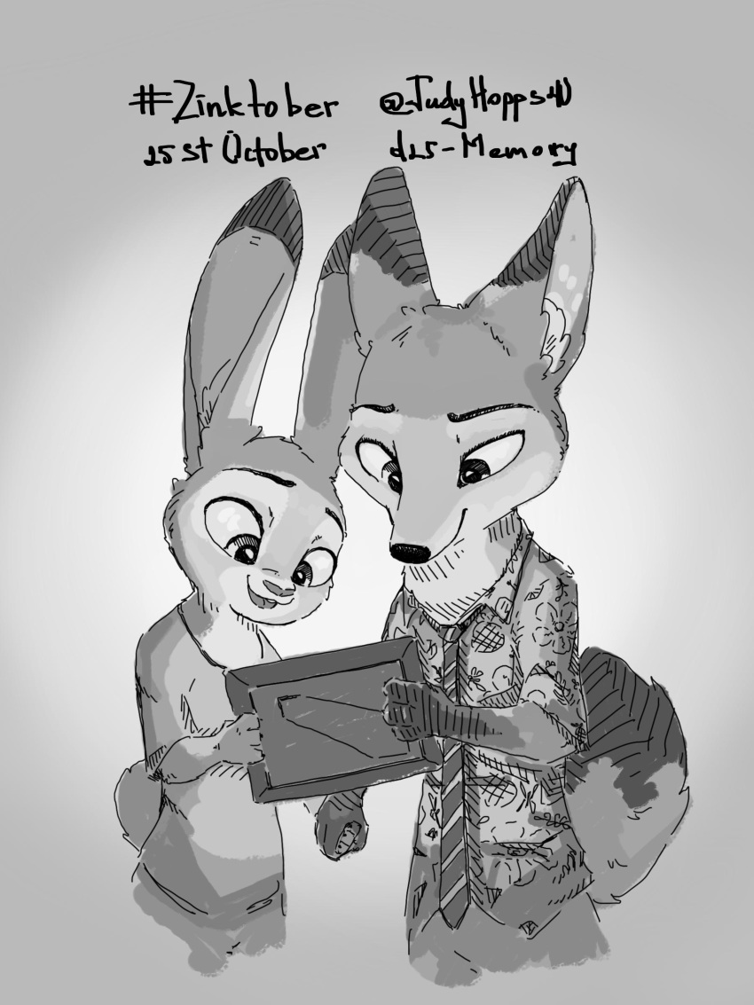 2020 3:4 absurd_res anthro bottomwear canid canine clothed clothing disney fox fully_clothed grey_background greyscale hi_res holding_object inktober inktober_2020 judy_hopps judyhopps44 lagomorph leporid mammal monochrome necktie nick_wilde pants rabbit red_fox shirt simple_background topwear zootopia