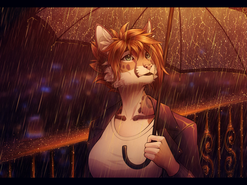 2018 4:3 5_fingers anthro black_bars black_clothing black_jacket black_topwear breasts clothed clothing detailed_background digital_media_(artwork) eyebrows eyelashes felid feline female fingers fur green_eyes hair hi_res jacket leopardus lynjox mammal night ocelot orange_body orange_fur orange_hair outside raining shirt short_hair solo spots spotted_body spotted_fur topwear umbrella vika_(f-r95) white_body white_clothing white_fur white_shirt white_topwear