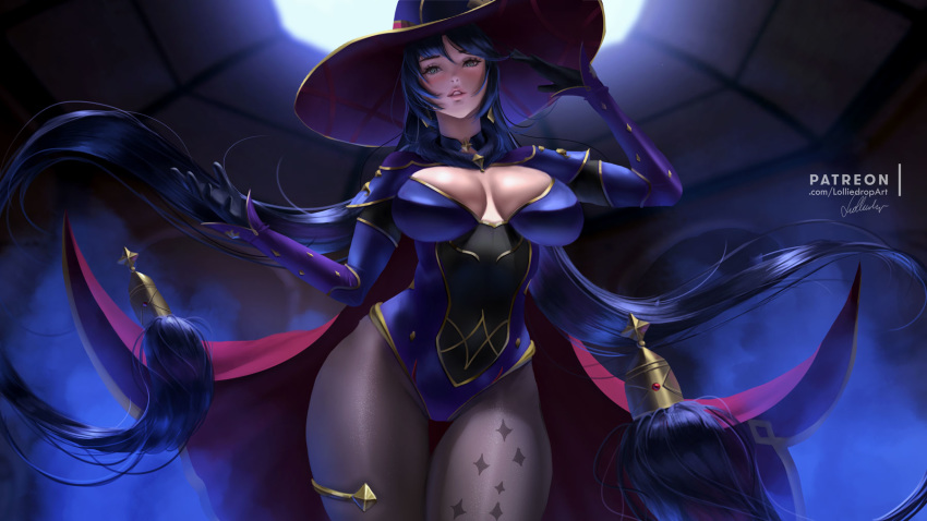 1girl bangs black_gloves black_hair black_legwear blue_eyes bodysuit_under_clothes breasts cleavage from_below genshin_impact gloves hat highres indoors large_breasts leotard lolliedrop long_hair long_sleeves mage mona_(genshin_impact) pantyhose parted_lips pinup_(style) purple_headwear purple_leotard standing thighlet twintails very_long_hair witch_hat