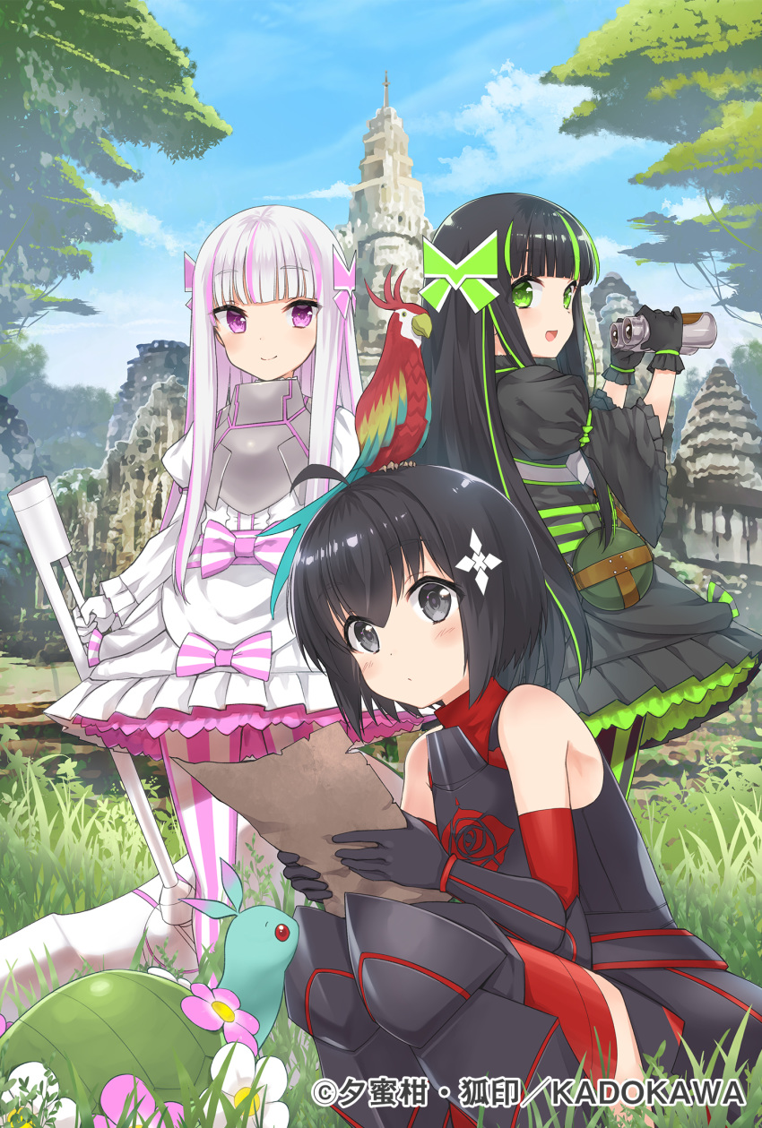 3girls :d ahoge animal_on_head armor armored_boots artist_name bangs bare_shoulders binoculars bird bird_on_head black_armor black_dress black_eyes black_footwear black_gloves black_hair blue_sky blunt_bangs blush bob_cut boots bottle bow bracer breastplate closed_mouth cover_image day detached_sleeves dot_nose dress eyebrows_visible_through_hair flower frilled_dress frilled_sleeves frills gloves gothic_lolita grass green_bow green_eyes green_hair hair_ornament hair_strand hammer highres holding holding_binoculars holding_hammer holding_paper holding_weapon huge_weapon itai_no_wa_iya_nano_de_bougyoryoku_ni_kyokufuri_shitai_to_omoimasu juliet_sleeves koin_(foxmark) layered_dress lolita_fashion long_hair long_sleeves looking_at_viewer looking_back maple_(bofuri) may_(bofuri) multicolored_hair multiple_girls official_art on_head open_mouth outdoors paper pink_bow pink_hair puffy_sleeves purple_eyes red_legwear shiny shiny_hair short_hair siblings sisters sky smile squatting standing streaked_hair striped striped_legwear syrup_(bofuri) thigh_boots thighhighs thighhighs_under_boots turtle turtleneck twins two-tone_hair vertical-striped_legwear vertical_stripes very_long_hair water_bottle weapon white_dress white_hair wide_sleeves yui_(bofuri)