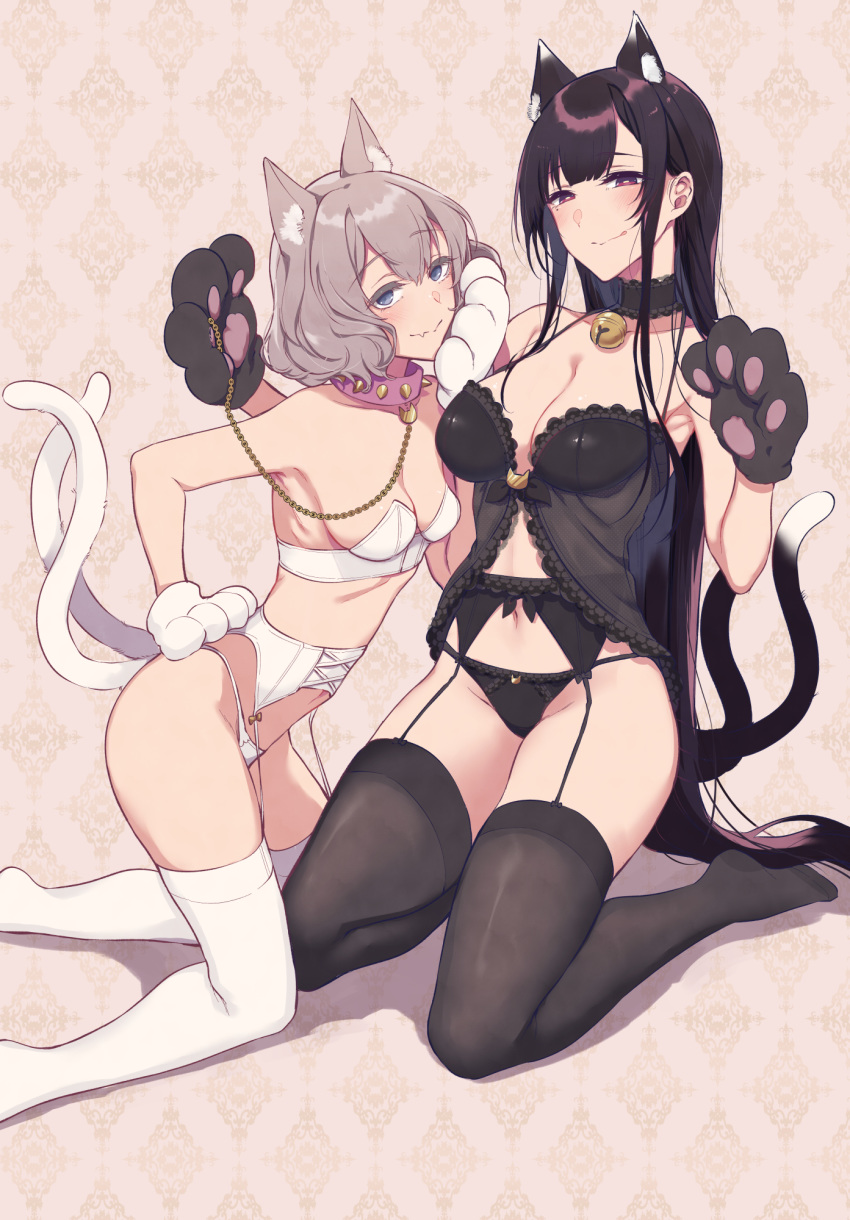 2girls ane_naru_mono animal_ears breasts cat_ears cat_girl cat_lingerie cat_tail chain chiyo_(ane_naru_mono) collar gloves haru_(ane_naru_mono) highres large_breasts lingerie long_hair meme_attire mole multiple_girls panties paw_gloves paws pochi_(pochi-goya) short_hair small_breasts tail thighhighs underwear white_panties