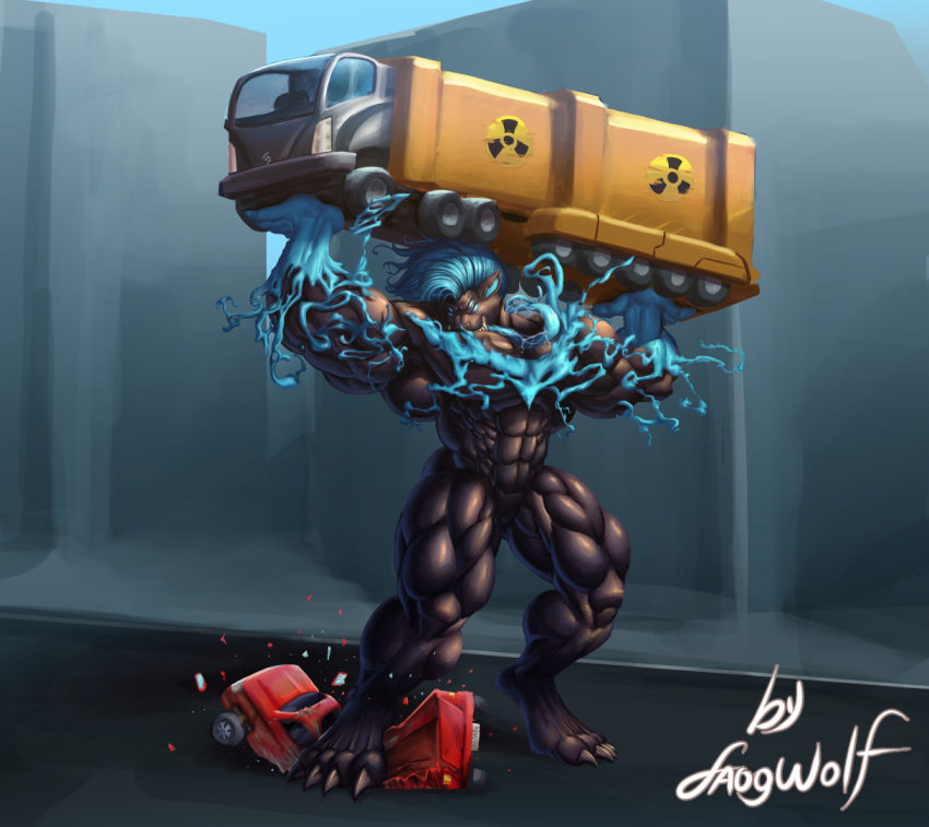 4_eyes anthro big_muscles blue_eyes blue_hair clawed_toes crush digitigrade faogwolf hair holding_object huge_muscles hyper hyper_muscles long_tongue male multi_eye muscular muscular_anthro muscular_male oily_skin road saliva_drip sharp_teeth solo symbiote teeth tongue vehicle_damage