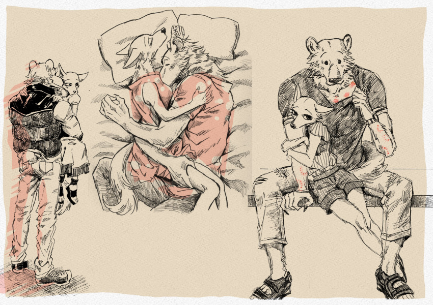 ai_(beastars) anthro arm_around_waist arms_around_waist beastars bed bedding black_and_white black_nose bodily_fluids bottomwear breasts brown_bear canid canine carrying carrying_partner clock clothed clothing dress duo embrace eyes_closed face_in_breasts female footwear fox fur furniture hand_on_shoulder hands_on_shoulders hi_res hugging_arm jacket joze_osaka kiss_mark larger_male leg_grab lifting_up looking_at_another looking_at_partner looking_away looking_down lying male male/female mammal monochrome on_bed on_side open_mouth pants pillow riz_(beastars) romantic_couple shirt shirt_pull shoes shorts sitting size_difference sleeping smaller_female sneakers standing sweat sweatdrop thigh_grab tibetan_sand_fox toeless_footwear toeless_shoes topwear ursid ursine watch