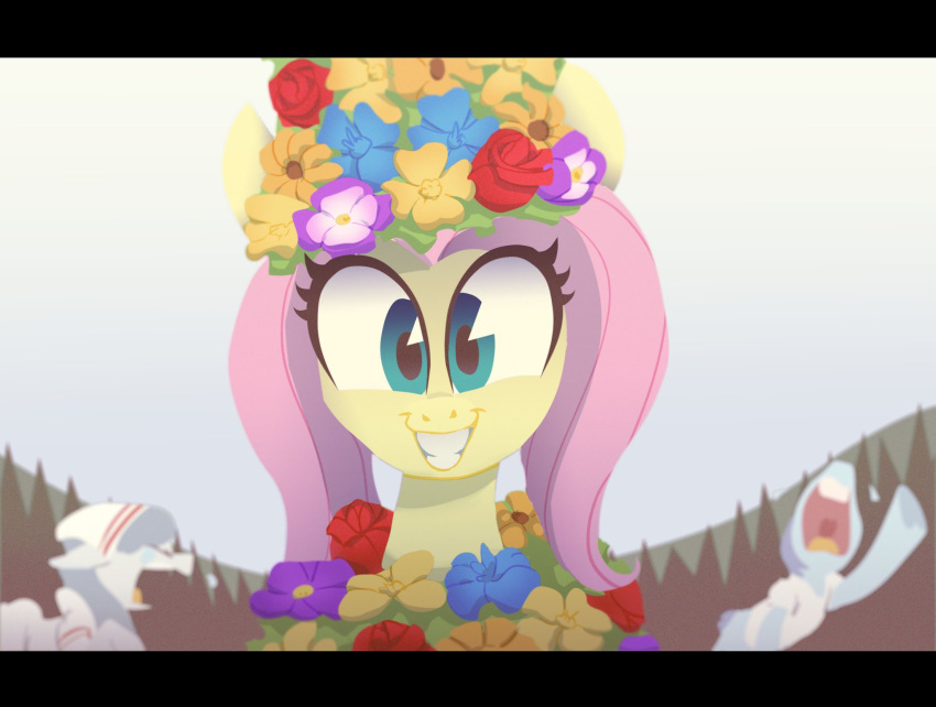 2020 ambiguous_gender blue_eyes brainwashing equid equine female feral flower flowers_in_hair fluttershy_(mlp) forest friendship_is_magic fur group hasbro hi_res horror_(theme) horse insane jimjamdoesart looking_at_viewer mammal mane midsommar my_little_pony pegasus pink_mane plant pony screaming smile smiling_at_viewer tree white_body white_fur wings yellow_body yellow_fur