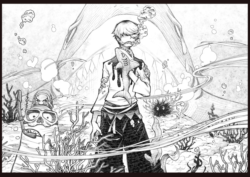 1boy bangs biting black_border blood border bubble clenched_teeth cluseller commentary_request coral crying goggles greyscale hair_over_eyes hand_up isopod long_sleeves looking_at_viewer male_focus monochrome open_mouth original pants sea_urchin sharp_teeth shirt short_hair snorkel solo_focus standing tears teeth underwater