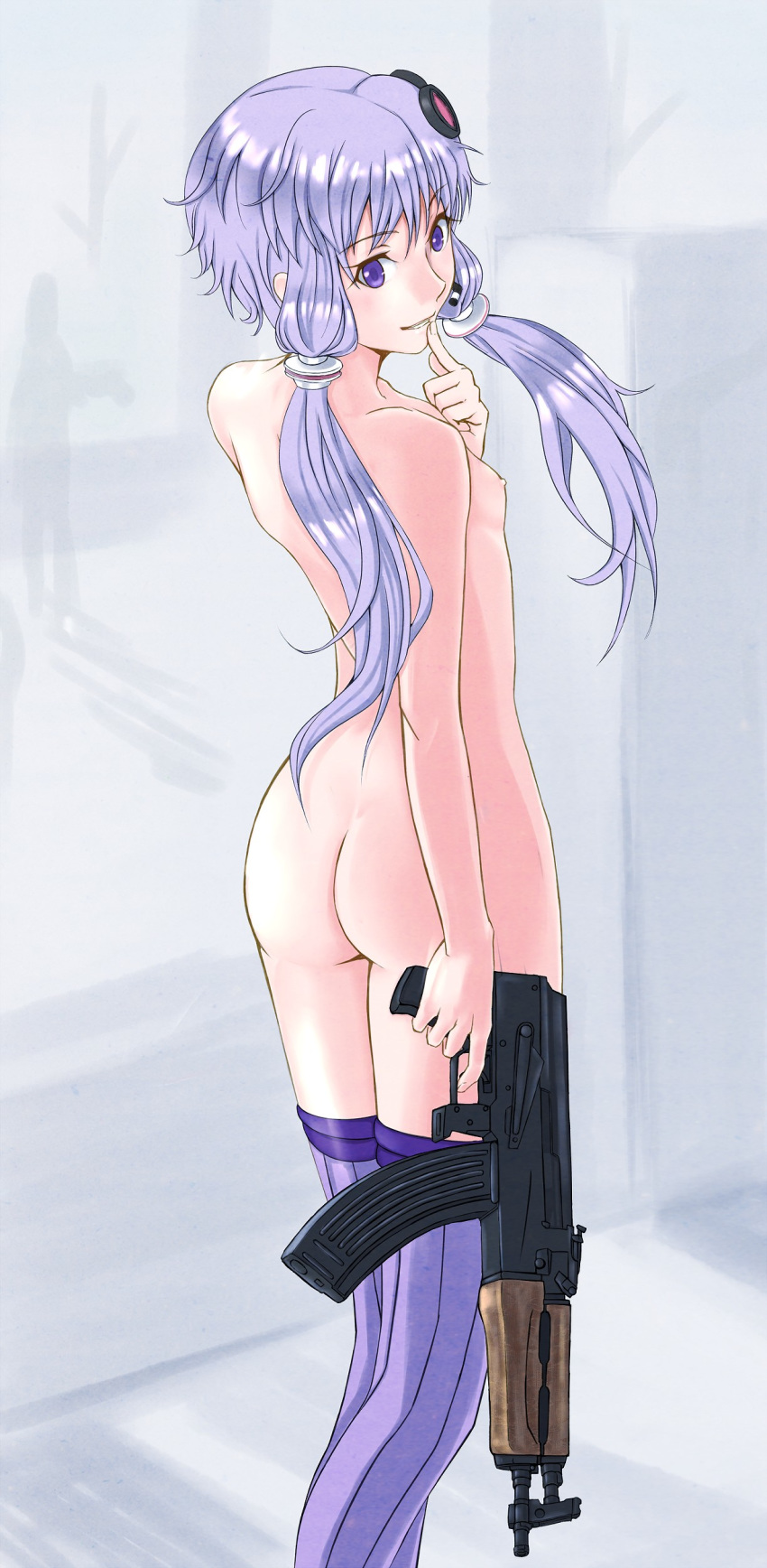 1girl absurdres amawa_kazuhiro ass bangs breasts finger_to_mouth grey_background grin gun hair_between_eyes hair_ornament highres holding holding_gun holding_weapon index_finger_raised long_hair looking_back low_twintails nipples nude purple_eyes purple_hair purple_legwear rifle shiny shiny_hair small_breasts smile solo striped striped_legwear twintails vertical-striped_legwear vertical_stripes very_long_hair voiceroid weapon yuzuki_yukari