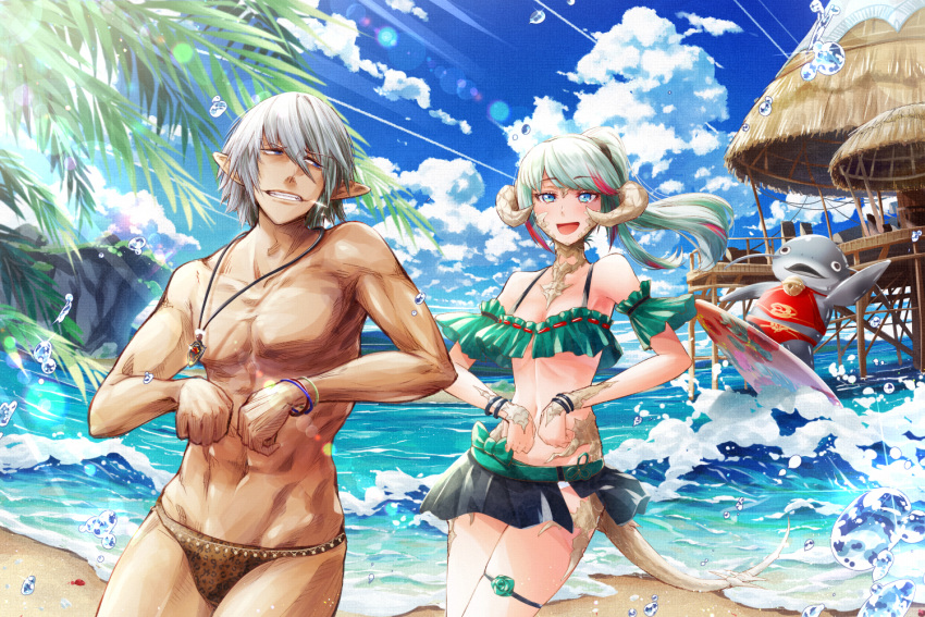 1boy 1girl aqua_hair au_ra bangle bangs bare_shoulders beach bell bikini bikini_skirt black_eyes blue_eyes blue_sky blush bow bracelet breasts brown_swimsuit clenched_hands cloud cluseller collarbone commentary_request cowboy_shot dark_skin dark_skinned_male day dragon_girl elezen elf eye_contact eyebrows_visible_through_hair fangs final_fantasy final_fantasy_xiv flower green_bikini green_bow green_flower green_rose grey_hair grin hair_tie half-closed_eyes happy haurchefant_greystone horizon horns hut jaguar_print jewelry jingle_bell lens_flare light_rays lizard_tail long_hair looking_at_another looking_back male_swimwear multicolored_hair namazu_(final_fantasy) navel necklace ocean open_mouth outdoors pink_hair pointy_ears ponytail rose sand scales short_hair skindentation sky small_breasts smile sparkle standing stomach streaked_hair sunlight surfboard swept_bangs swim_briefs swimsuit swimwear tail teeth thatched_roof thigh_strap tied_hair tree water waves