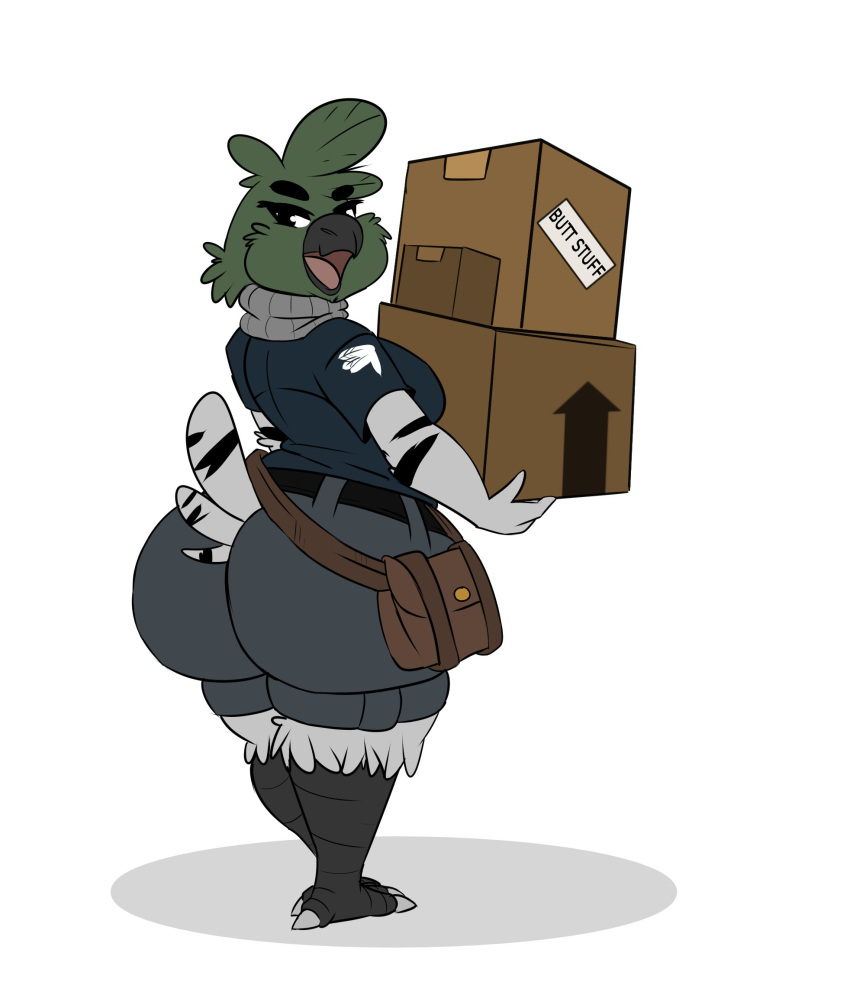 anthro avian beak big_breasts big_butt bird black_sclera bottomwear breasts butt clothing columbid cutoffs delivery_(commerce) delivery_employee delivery_uniform denim denim_clothing feathers female green_body green_feathers grey_body grey_feathers hi_res holding_box holding_object huge_butt looking_at_viewer looking_back multicolored_body multicolored_feathers non-mammal_breasts open_beak open_mouth pigeon postal_delivery rear_view shorts solo thehoneybutter two_tone_body two_tone_feathers uniform
