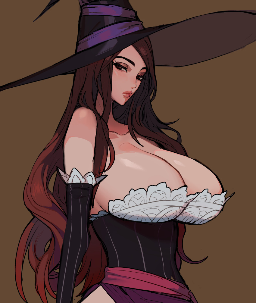 1girl absurdres bare_shoulders breasts brown_background brown_eyes brown_hair cleavage detached_sleeves dragon's_crown ennuigrl hat highres large_breasts lips long_hair looking_at_viewer side_slit simple_background solo sorceress_(dragon's_crown) witch_hat