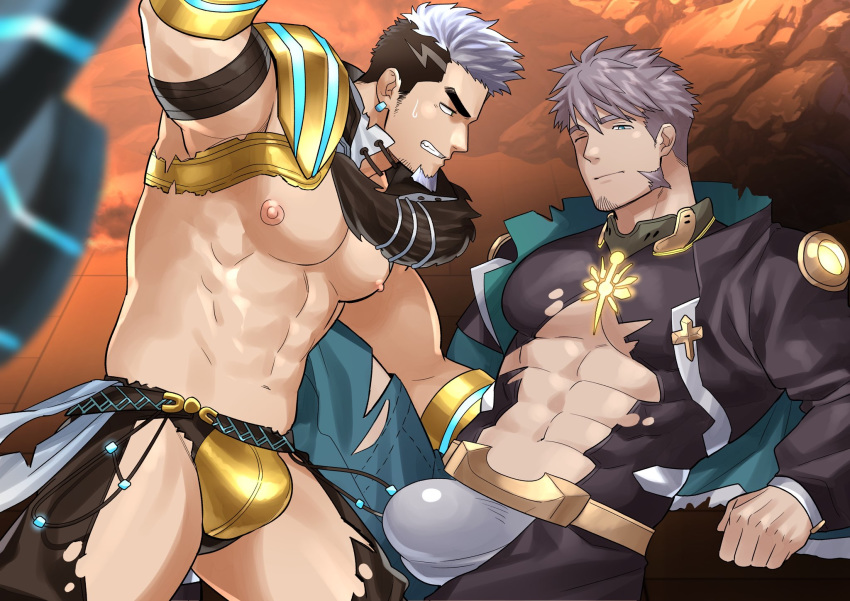 2boys abs abs_cutout bara bare_chest black_hair black_shirt bulge chest cleavage_cutout clothing_cutout commission couple crotchless crotchless_pants earrings facial_hair goatee green_eyes gyee highres jewelry kienbiu male_focus multicolored_hair multiple_boys muscle navel nipples one_eye_closed pants purple_hair revealing_clothes second-party_source shirt short_hair shrug_(clothing) sideburns skin_tight spread_legs su_(gyee) thick_thighs thigh_cutout thighs torn_clothes torn_pants torn_shirt two-tone_hair yan_(gyee) yaoi