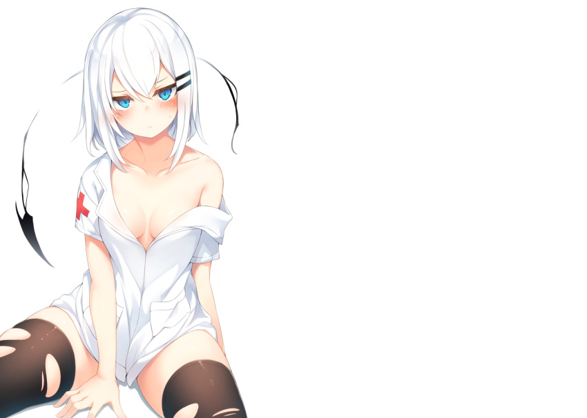 aliasing aqua_eyes blush breasts cleavage cropped no_bra nurse original otokuyou ringo-chan_(otokuyou) short_hair thighhighs torn_clothes uniform white white_hair zettai_ryouiki