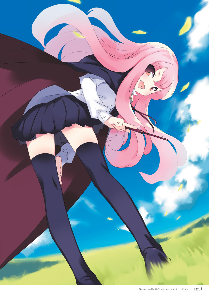 1girl :d bent_over blue_cape blue_legwear blue_skirt bolo_tie cape cloud fang grass hand_on_own_knee highres holding holding_wand looking_at_viewer looking_back louise_francoise_le_blanc_de_la_valliere noise_reduction official_art open_mouth orange_eyes outdoors page_number petals pink_hair scan skirt sky smile solo standing thighhighs usatsuka_eiji wand zero_no_tsukaima zettai_ryouiki