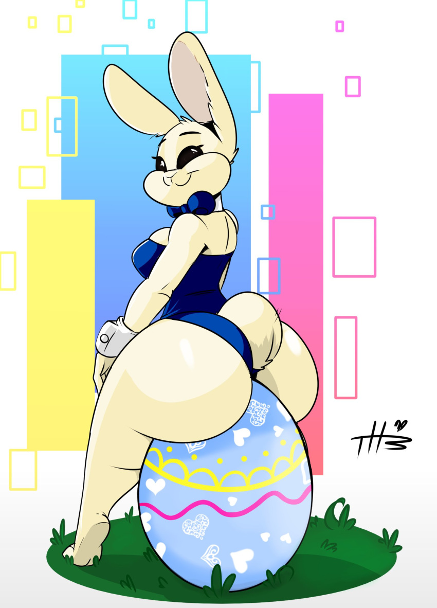 anthro beastars big_breasts big_butt black_eyes blue_clothing breasts bunny_costume butt clothing costume cuffs_(clothing) easter easter_egg female fur haru_(beastars) hi_res holidays huge_butt huge_egg lagomorph leporid looking_at_viewer looking_back mammal necktie playboy_bunny rabbit rear_view side_boob sitting_on_egg solo thehoneybutter white_body white_fur