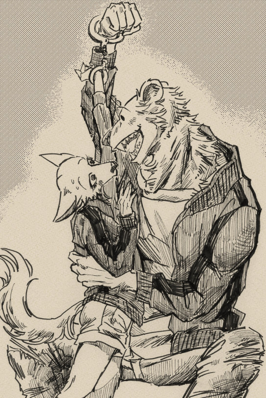 ai_(beastars) anthro beastars black_and_white black_nose bodily_fluids bottomwear bound_together brown_bear canid canine clothed clothing duo eye_contact fangs female fox fur hand_on_chest hand_on_hip handcuffed_together handcuffs hi_res jacket joze_osaka larger_male looking_at_another looking_at_partner male male/female mammal monochrome open_mouth pants raised_arm riz_(beastars) shackles sharp_teeth shirt shorts sitting size_difference smaller_female smile sweat sweatdrop teeth tibetan_sand_fox topwear ursid ursine