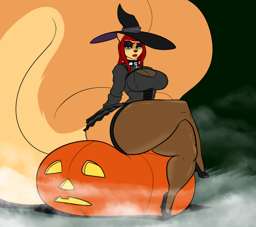 anthro breasts cleavage clothed clothing female hat headgear headwear hi_res jack-o'-lantern kaboozle magic_user makeup mammal rodent sciurid solo witch witch_hat