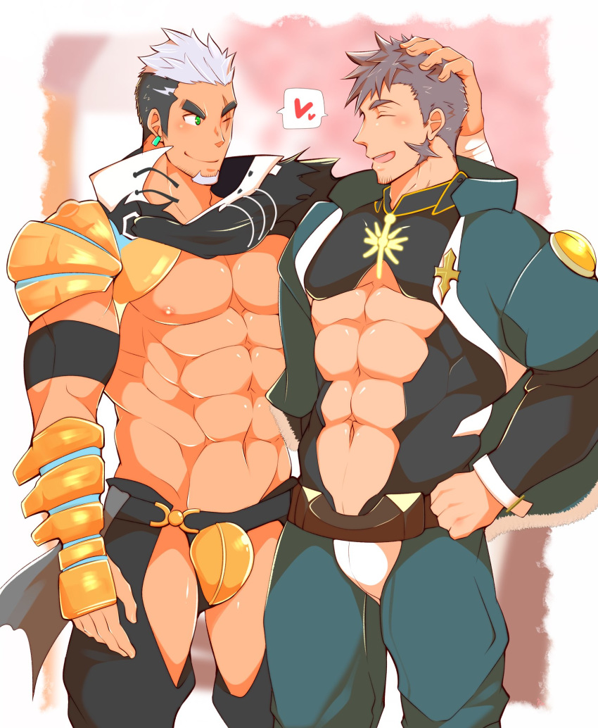 2boys abs abs_cutout armor bara bare_chest black_hair blush chest clothing_cutout commission couple crotchless crotchless_pants earrings facial_hair goatee green_eyes gyee hand_on_another's_head hand_on_hip heart highres jewelry kuro_(shiranui) male_focus multicolored_hair multiple_boys muscle nipples pauldrons purple_hair revealing_clothes second-party_source short_hair shoulder_armor sideburns spoken_heart su_(gyee) thick_thighs thigh_cutout thighs two-tone_hair yan_(gyee) yaoi