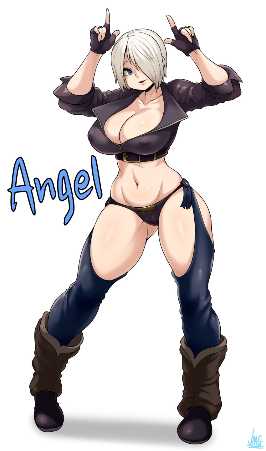 1girl absurdres angel_(kof) blue_eyes boots breasts cowboy_boots eyes highres jmg large_breasts mexican short_hair skirt smile the_king_of_fighters white_hair