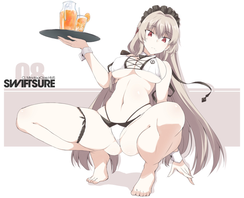 1girl azur_lane bangs barefoot bikini breasts character_name commentary_request cup eyebrows_visible_through_hair highleg highleg_bikini holding holding_tray large_breasts light_brown_hair long_hair maid_bikini maid_headdress mole mole_under_eye mole_under_mouth pitcher red_eyes shadow simple_background solo souji squatting swiftsure_(azur_lane) swiftsure_(midsummer_special_service)_(azur_lane) swimsuit tray two-tone_background white_bikini wrist_cuffs