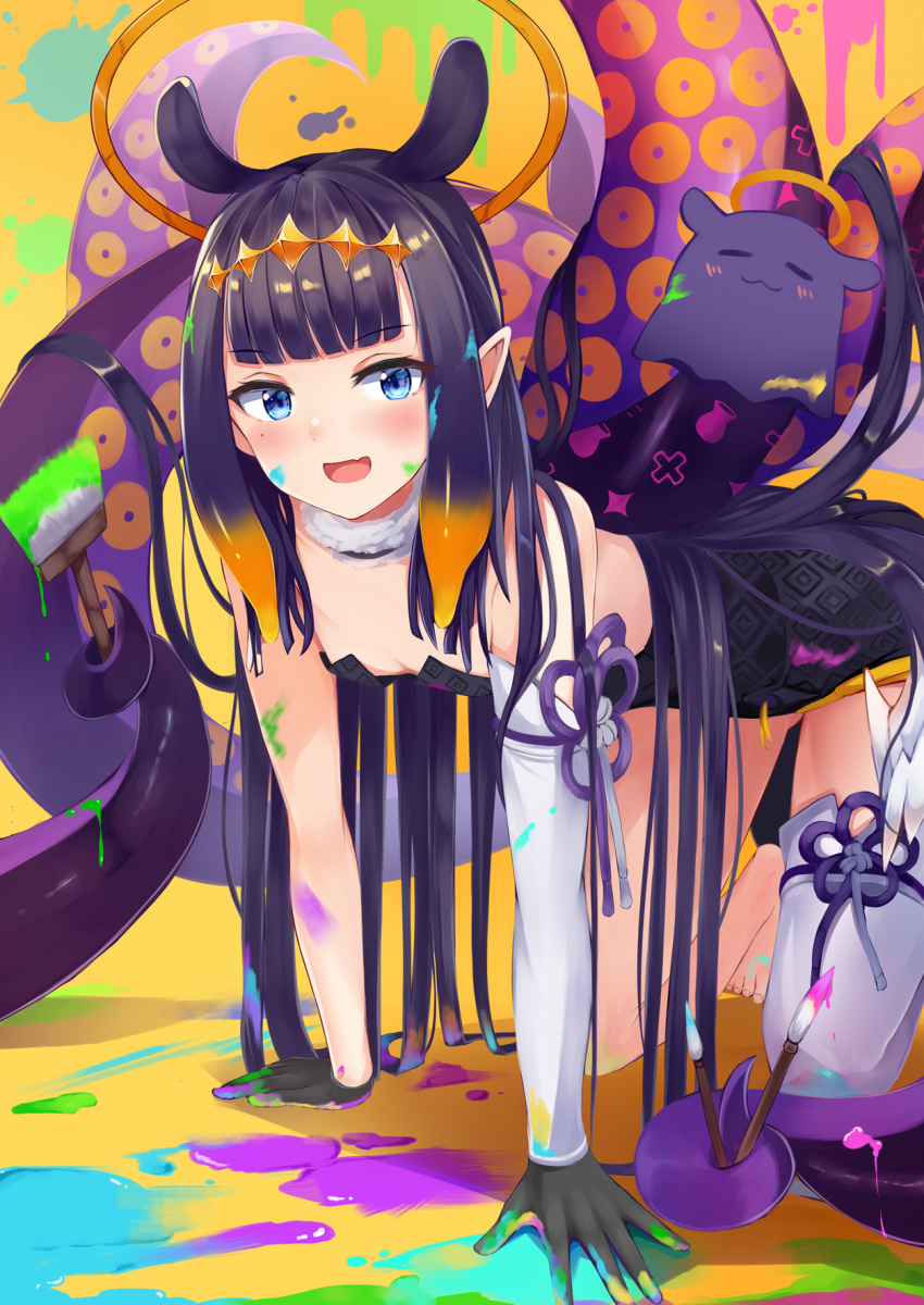 1girl :d all_fours bangs bare_shoulders black_dress black_gloves blue_eyes blunt_bangs breasts detached_sleeves dress fang gloves hair_ornament halo highres hololive hololive_english irohasu long_hair looking_at_viewer mole mole_under_eye ninomae_ina'nis open_mouth orange_background paint paint_in_hair paint_on_body paint_on_face paint_splatter paintbrush pointy_ears purple_hair single_detached_sleeve single_thighhigh skin_fang small_breasts smile solo tako_(ninomae_ina'nis) tentacle_hair tentacles thighhighs tongue virtual_youtuber