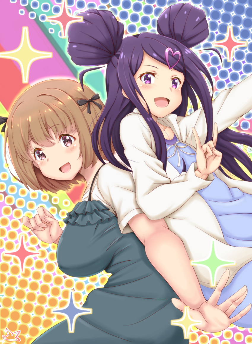 2girls :d black_bow blue_dress blush bow breasts brown_hair character_request dotted_background double_bun dress hair_bow hair_ornament heart heart_hair_ornament highres large_breasts long_hair looking_at_viewer multiple_girls ochikobore_fruit_tart open_mouth pose purple_eyes purple_hair samenoido sekino_roko short_sleeves smile sparkle