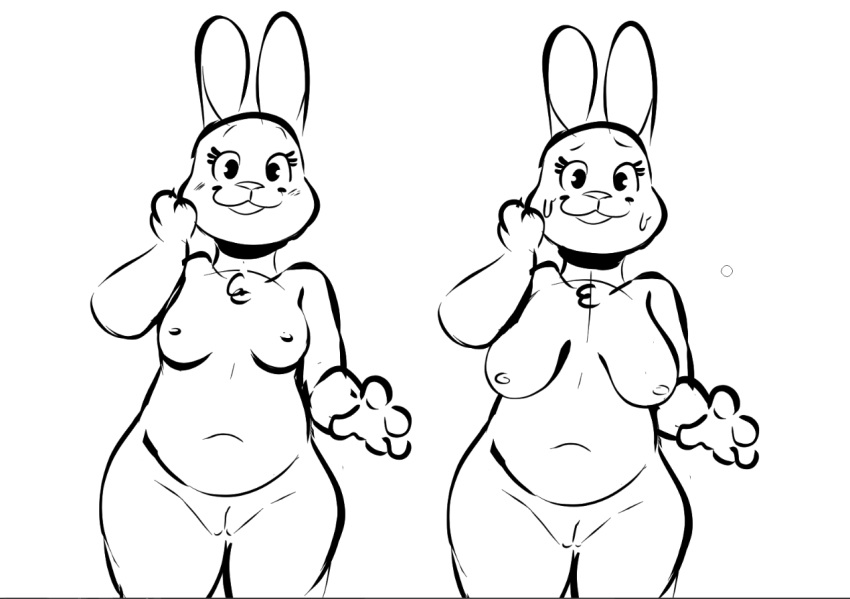 2020 anthro belly black_and_white bonnie_hopps breast_size_difference breasts disney female genitals hand_on_face lagomorph leporid mammal medium_breasts monochrome nipples nude pussy rabbit sagging_breasts samoyena simple_background sketch slightly_chubby solo white_background zootopia