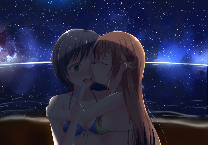 2girls absurdres arihara_tsubasa beach bikini black_hair blush bow bra breasts brown_hair closed_eyes commentary dongyue_sakura face_licking food green_eyes hachigatsu_no_cinderella_nine hair_bow highres hug ice_cream kawakita_tomoe licking long_hair medium_breasts multiple_girls night ocean open_mouth short_hair side_bun sky star_(sky) starry_sky surprised swimsuit tongue underwear yuri