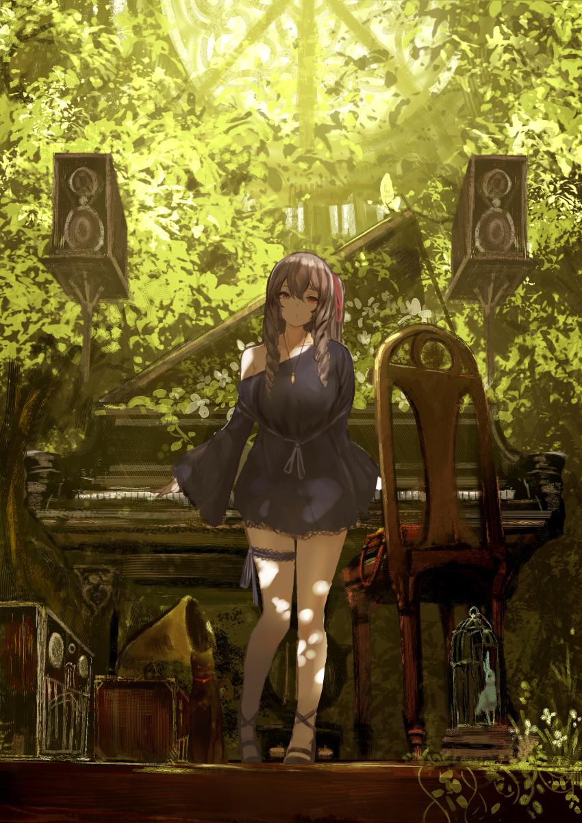 1girl absurdres bird birdcage black_dress cage chair dress drill_hair duplicate hair_ribbon highres huge_filesize instrument loudspeaker original phonograph piano radio ribbon shiabisu shoes thighhighs tree wide_sleeves