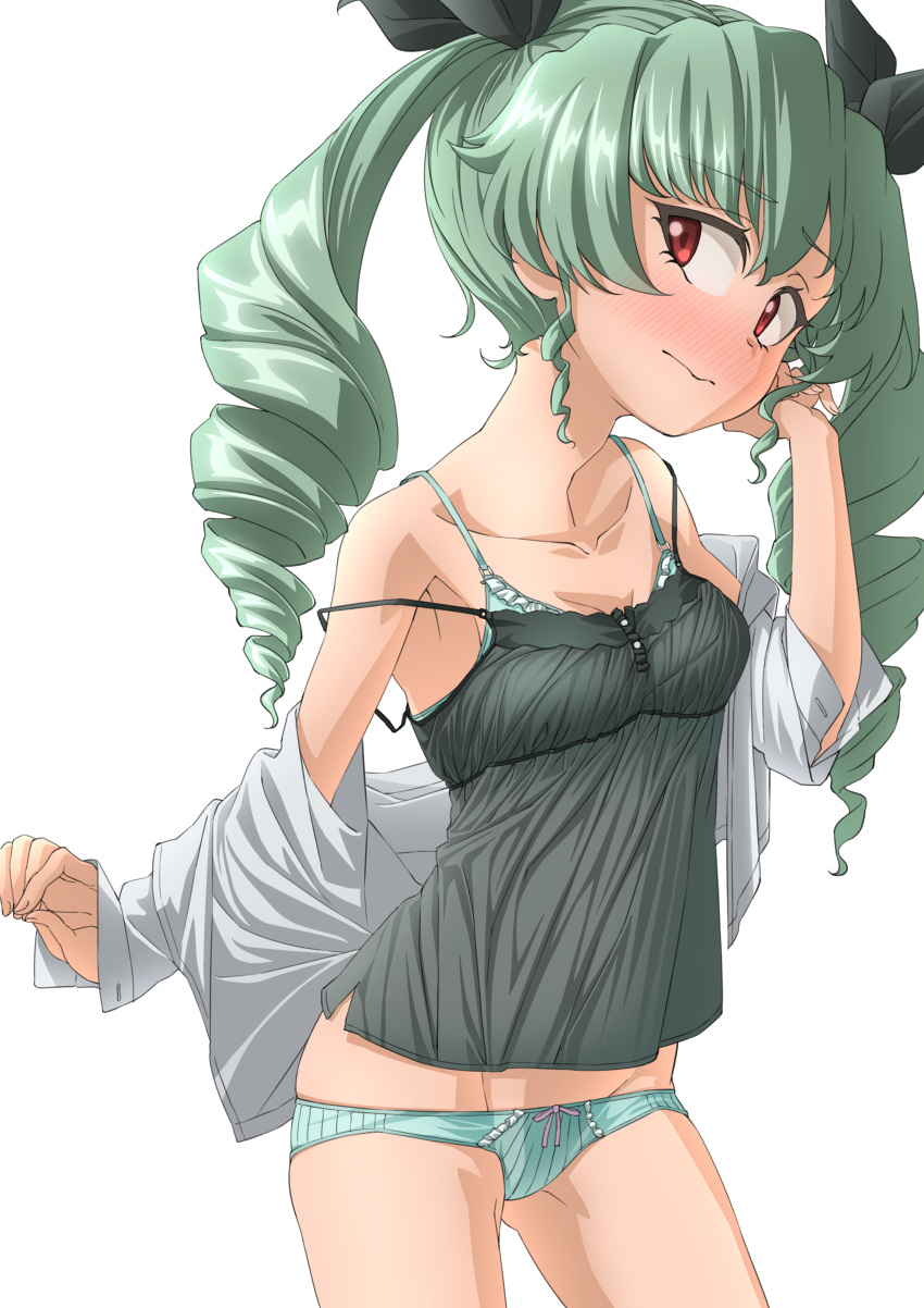 1girl absurdres anchovy_(girls_und_panzer) bangs black_ribbon black_shirt blush bow bow_panties bra breasts camisole closed_mouth commentary_request cowboy_shot dress_shirt drill_hair eyebrows_visible_through_hair frilled_bra frills frown girls_und_panzer green_bra green_hair green_panties groin hair_ribbon hand_in_hair head_tilt helmet_(trailblazer003) highres long_hair long_sleeves looking_at_viewer lowleg lowleg_panties no_pants off_shoulder panties red_eyes ribbon shirt simple_background sleeves_rolled_up small_breasts solo standing strap_slip twin_drills twintails underwear undressing white_background white_shirt