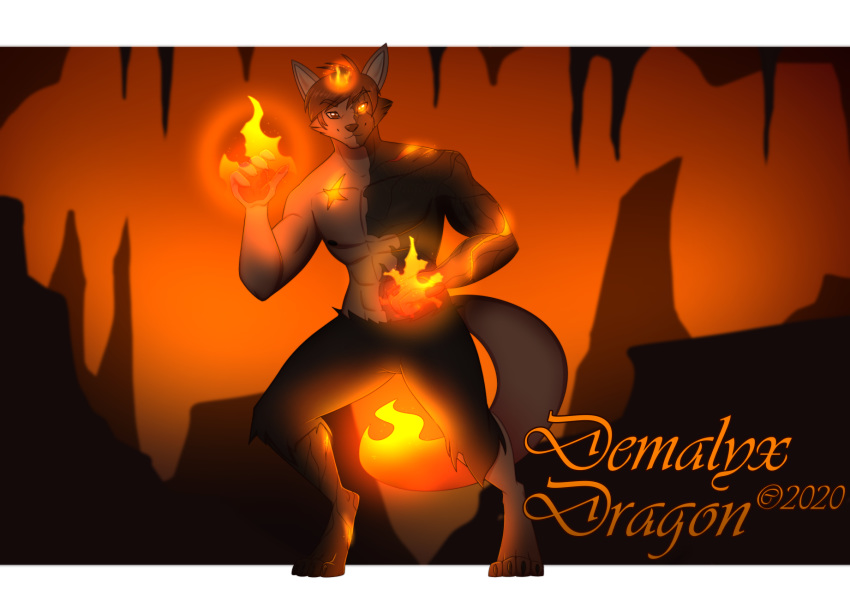 2020 4_toes 5_fingers abs anthro athletic athletic_anthro athletic_male barefoot black_nose bottomwear brown_hair burns canid canine canis cavern charred chest_scar claws clothed clothing cracked_skin cracks demalyxdragon demon digital_media_(artwork) fiery_cracks fiery_tail fingers fire fire_demon fur glowing glowing_eyes glowing_scar grey_body grey_fur hair halloween hands_on_fire hi_res holidays looking_at_viewer male mammal nils_rinkan pants pecs scar short_hair solo standing toe_claws toes topless topless_male torn_bottomwear torn_clothing torn_pants wolf