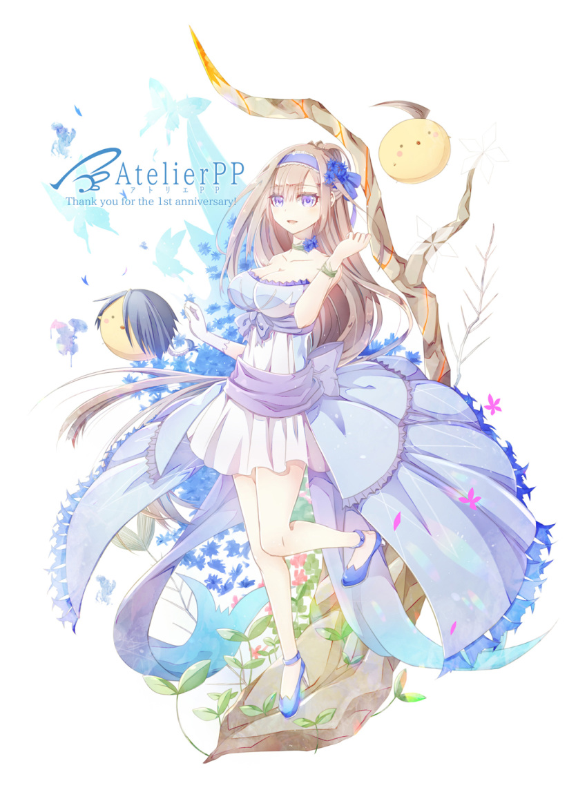 1girl animalization anniversary bare_shoulders blue_eyes blue_footwear blue_headband breaker_(game) breasts brown_hair cleavage dress fish_skeleton gloves hand_up headband highres long_hair physics_point single_glove skirt solo sprout standing white_gloves white_skirt wristband