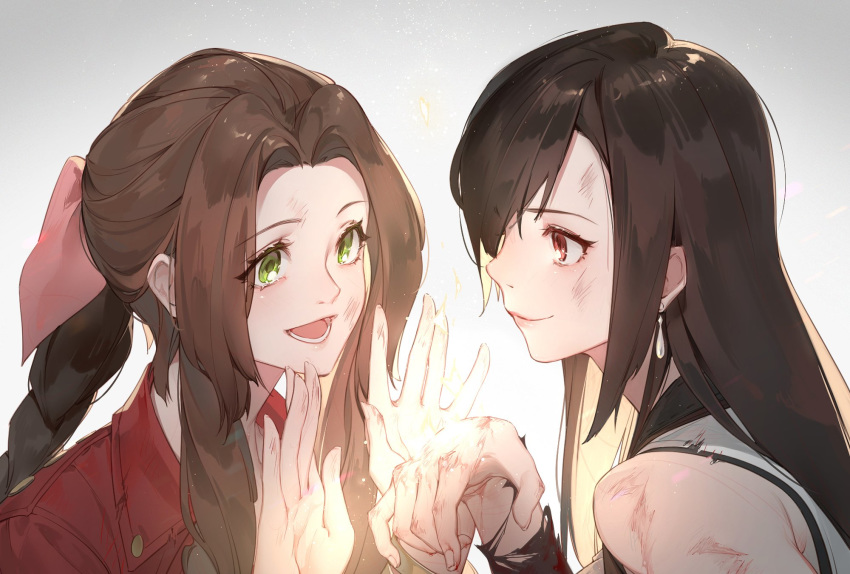 2girls aerith_gainsborough artist_request aura bangs blood bloody_clothes brown_hair crop_top earrings final_fantasy final_fantasy_vii fingernails green_eyes hair_ribbon healing highres injury jacket jewelry light multiple_girls open_hands open_mouth parted_bangs pink_ribbon red_eyes red_jacket ribbon shirt sleeveless sleeveless_shirt smile source_request tifa_lockhart torn_clothes white_shirt