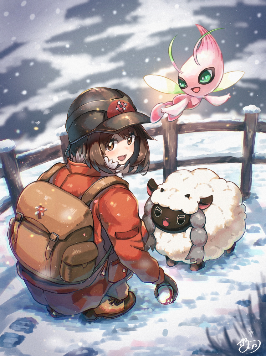 1girl absurdres backpack bag bangs black_headwear blush boots brown_backpack brown_eyes brown_footwear brown_hair celebi commentary_request day expedition_uniform eyelashes fence fueto_hiroki gen_2_pokemon gen_8_pokemon gloria_(pokemon) gloves helmet highres holding holding_poke_ball jacket long_sleeves looking_back mythical_pokemon open_mouth orange_jacket outdoors poke_ball pokemon pokemon_(game) pokemon_swsh premier_ball signature snow snowing squatting teeth tongue watermark wooloo