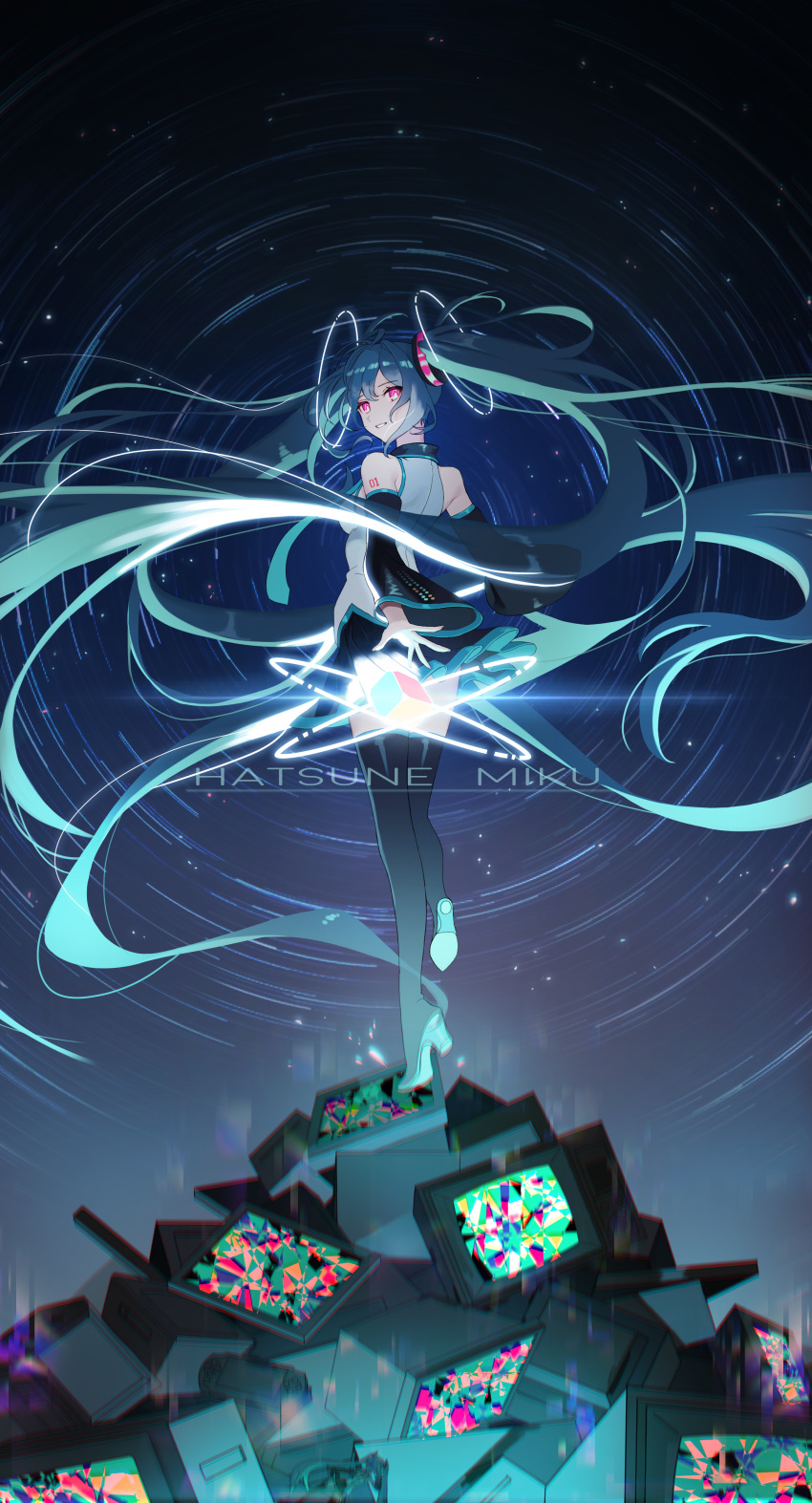 1girl absurdly_long_hair absurdres aisarenakute_mo_kimi_ga_iru_(vocaloid) alternate_eye_color aqua_hair aqua_neckwear aqua_theme arms_behind_back bare_shoulders black_footwear black_legwear black_skirt blurry blurry_foreground boots breasts character_name chromatic_aberration clenched_teeth collared_shirt colorful commentary_request cube dark_background darkness detached_sleeves dress_shirt eyebrows_visible_through_hair figure fingernails flat_screen_tv floating_hair full_body glowing grey_shirt hair_between_eyes hatsune_miku highres korean_commentary light_smile long_hair looking_at_viewer looking_back nape necktie night night_sky nintendo_switch number_tattoo parted_lips pink_eyes pleated_skirt seoki_(hi3031) shiny shiny_hair shirt shoulder_tattoo sideboob skirt sky sleeveless sleeveless_shirt small_breasts solo standing standing_on_one_leg tattoo teeth television television_screen thigh_boots thighhighs twintails very_long_hair vocaloid zettai_ryouiki