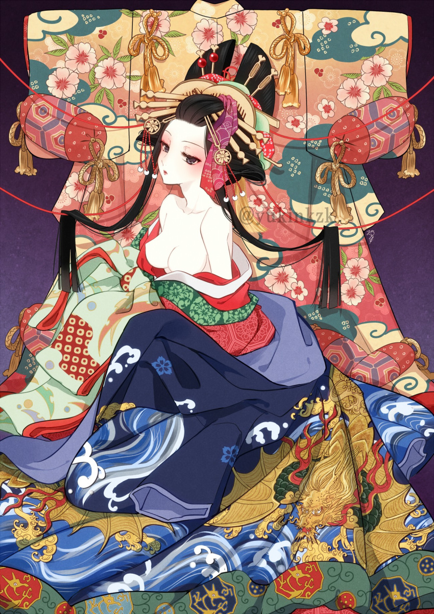 1girl bare_shoulders black_hair breasts cleavage collarbone commentary_request dragon eyelashes eyeshadow flower forehead geisha hair_ornament highres japanese_clothes kimono lipstick long_hair looking_at_viewer makeup medium_breasts nekozuki_yuki oiran original parted_lips string string_of_fate twitter_username very_long_hair watermark