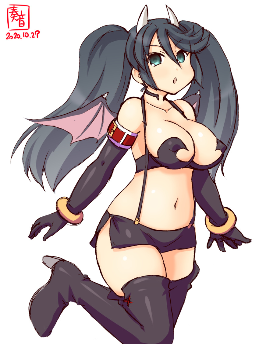 1girl alternate_costume artist_logo bat_wings black_gloves black_hair black_legwear black_skirt breasts commentary_request cowboy_shot dated demon_girl demon_horns demon_wings elbow_gloves gloves green_eyes highres horns isuzu_(kantai_collection) kanon_(kurogane_knights) kantai_collection large_breasts long_hair navel simple_background skirt solo suspenders thighhighs twintails white_background wings