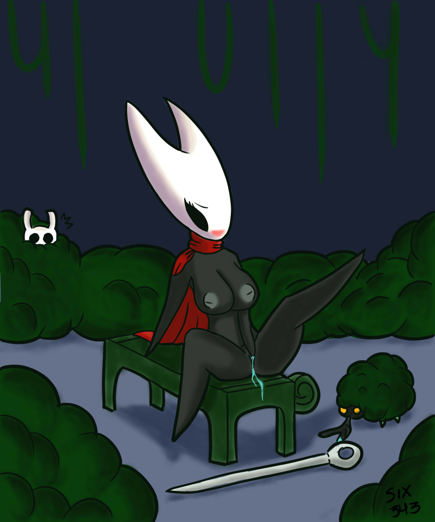 absurd_res arthropod being_watched blush bodily_fluids breasts duo female genital_fluids hi_res hollow_knight hornet_(hollow_knight) humanoid insect knight_(hollow_knight) looking_at_another male male/female masturbation protagonist_(hollow_knight) pussy_juice six343 team_cherry video_games weapon