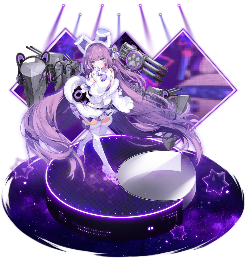 1girl absurdly_long_hair animal_ears azur_lane bare_shoulders blue_eyes boots bow byulzzi coat covering_mouth fake_animal_ears fur_trim gloves hair_bow highres idol long_hair looking_at_viewer machinery miniskirt off_shoulder official_art paw_gloves paws pleated_skirt purple_hair purple_skirt shirt skirt sleeveless sleeveless_shirt solo stage stage_lights tashkent_(azur_lane) tashkent_(muse)_(azur_lane) thigh_boots thighhighs torpedo_launcher transparent_background turret two_side_up very_long_hair white_coat white_footwear zettai_ryouiki