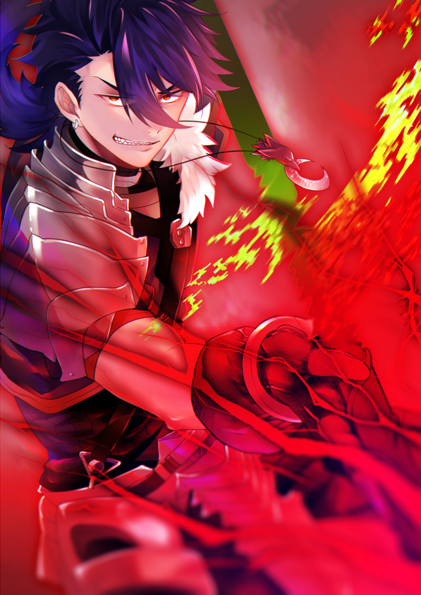 1boy armor blue_hair bracelet choker crescent_necklace cu_chulainn_(fate)_(all) cu_chulainn_(fate/prototype) earrings fate/prototype fate_(series) fur gae_bolg gloves grin highres holding holding_weapon hoop_earrings incoming_attack jewelry long_hair male_focus momijisio orange_eyes pauldrons polearm ponytail sharp_teeth shoulder_armor slit_pupils smile solo spear spiked_hair strap teeth type-moon weapon