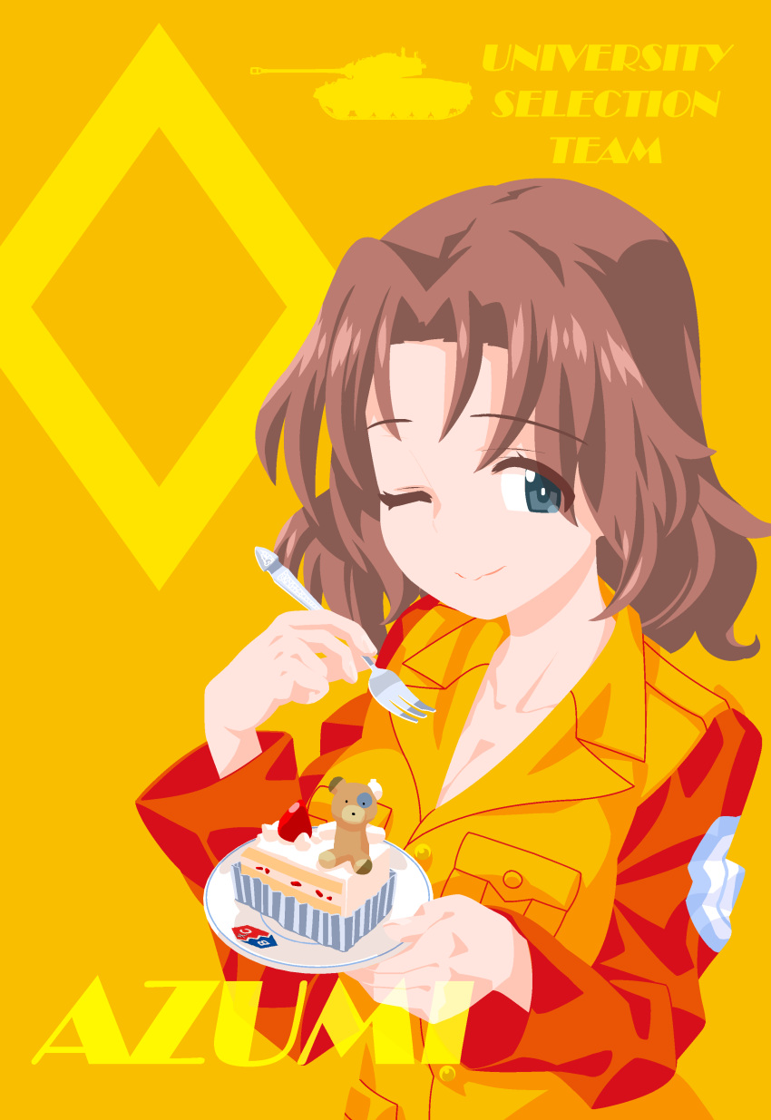 1girl ;) absurdres azumi_(girls_und_panzer) bangs blue_eyes breasts brown_hair cake character_name cleavage closed_mouth commentary_request diamond_(shape) emblem english_text eyebrows_visible_through_hair food fork girls_und_panzer highres holding holding_fork holding_saucer inou_takashi jacket long_sleeves looking_at_viewer m26_pershing medium_breasts medium_hair military military_uniform no_shirt one_eye_closed orange_background orange_jacket orange_theme parted_bangs saucer selection_university_(emblem) selection_university_military_uniform smile solo uniform upper_body