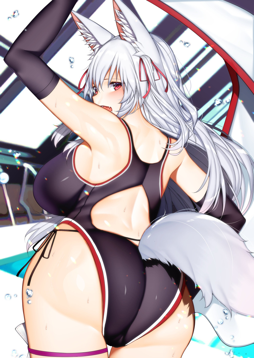absurd_res accessory animal_humanoid armwear big_breasts big_butt biped black_armwear black_clothing black_gloves breasts butt camel_toe canid canid_humanoid canine canine_humanoid clothed clothing curvy_figure cute_fangs day detailed_background elbow_gloves female fluffy fluffy_tail fox_humanoid fur glistening glistening_body glistening_skin gloves grey_body grey_fur hair hair_accessory hair_ribbon handwear hi_res huge_breasts humanoid inner_ear_fluff inside light_skin long_hair looking_at_viewer looking_back mammal mammal_humanoid monotone_hair one-piece_swimsuit open_mouth pose rear_view red_eyes ribbons solo sport_swimsuit standing swimming_pool swimwear thick_thighs tight_clothing tuft voluptuous water white_hair wide_hips window yashiro_sousaku