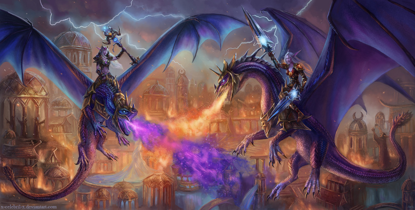 2020 blizzard_entertainment breath_powers city claws detailed_background digital_media_(artwork) dragon elemental_manipulation elf feral fire fire_breathing fire_manipulation hi_res horn humanoid melee_weapon membrane_(anatomy) membranous_wings night night_elf open_mouth outside purple_body purple_scales purple_skin scales scalie spines staff sword teeth text tongue url video_games warcraft weapon western_dragon wings x-celebril-x