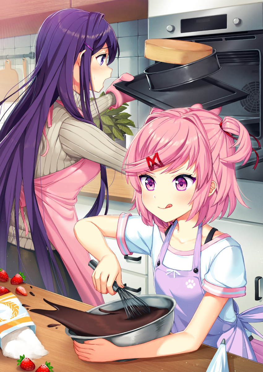 2girls :q apron baking black_pants blush breasts cake chocolate closed_mouth commentary cooking cowboy_shot dessert doki_doki_literature_club english_commentary food fruit grey_sweater hair_ornament hairclip highres kitchen long_hair medium_breasts multiple_girls natsuki_(doki_doki_literature_club) open_mouth oven oven_mitts pants paw_print_pattern pink_eyes pink_hair plant potted_plant purple_apron purple_eyes purple_hair refrigerator ribbed_sweater satchely shirt short_hair short_sleeves short_twintails small_breasts smile straight_hair strawberry sweater tongue tongue_out turtleneck turtleneck_sweater twintails upper_body whisk whisking white_shirt yuri_(doki_doki_literature_club)