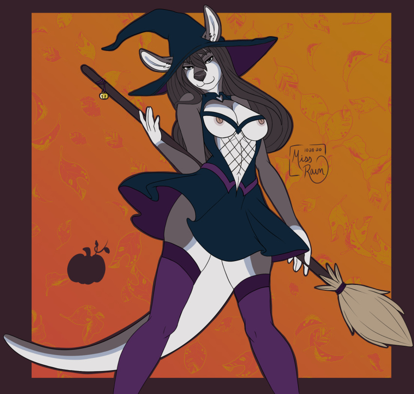 anthro bell breasts broom clothing dress female fishnet fishnet_topwear food fruit halloween halloween_costume hat headgear headwear hi_res holidays kangaroo leaf legwear macropod mammal marsupial miss_rain nipples plant pumpkin raine_kirijo short_dress solo thigh_highs witch_costume witch_hat