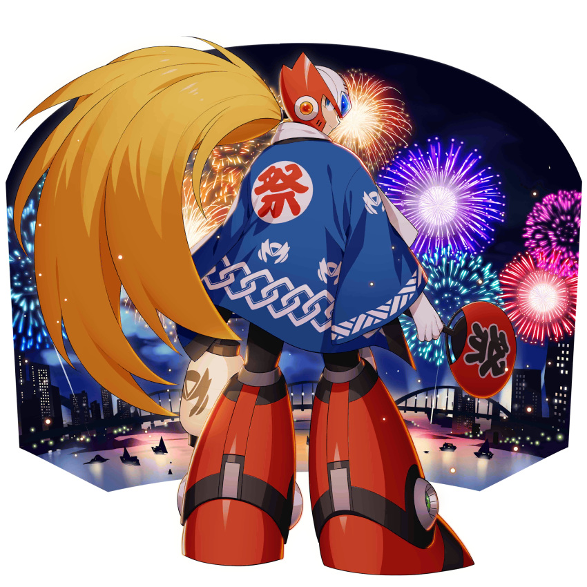 1boy alternate_costume android blonde_hair blue_eyes capcom fan festival fireworks from_behind full_body happi helmet highres holding holding_fan japanese_clothes long_hair long_sleeves looking_back male_focus mizuno_keisuke official_art ponytail rockman rockman_x rockman_x_dive smile solo standing very_long_hair zero_(rockman)