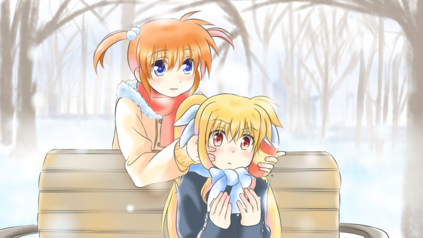 2girls bare_tree bench blonde_hair blush can cold couple fate_testarossa grin hair_ribbon jacket kerorokjy long_hair looking_at_another lyrical_nanoha mahou_shoujo_lyrical_nanoha multiple_girls open_mouth orange_hair prank purple_eyes red_eyes ribbon short_twintails sitting smile snow surprised takamachi_nanoha tree twintails white_ribbon yuri