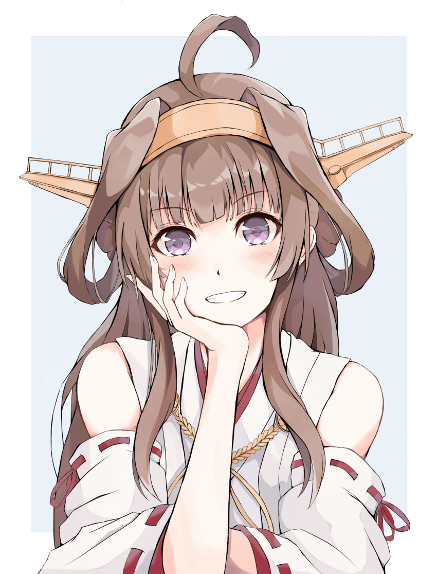 1girl ahoge brown_hair chin_rest dairyo3 detached_sleeves double_bun hairband hand_on_own_cheek headgear highres japanese_clothes kantai_collection kongou_(kantai_collection) long_hair looking_at_viewer nontraditional_miko purple_eyes remodel_(kantai_collection) ribbon-trimmed_sleeves ribbon_trim smile solo upper_body