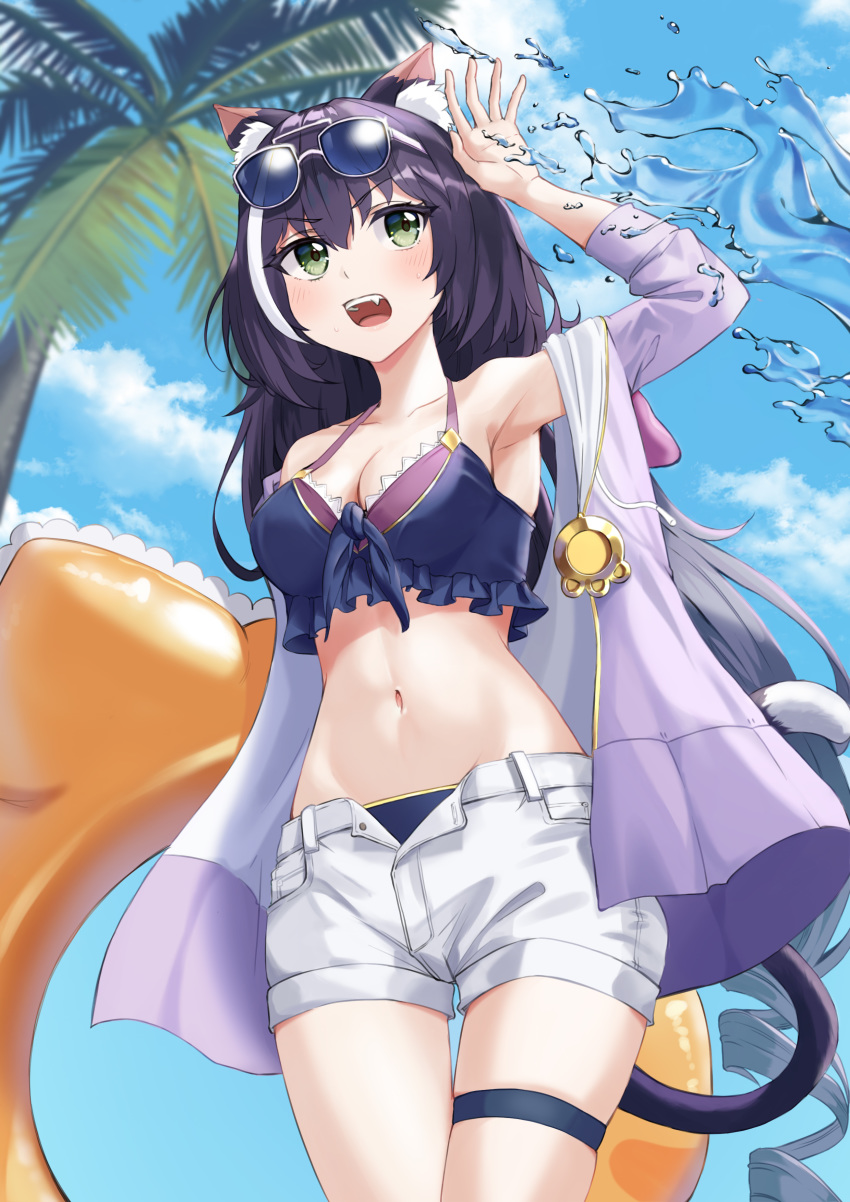 1girl absurdres animal_ear_fluff animal_ears armpits bangs bare_shoulders bikini black_bikini black_hair blue_sky blush breasts cat_ears cat_tail cleavage cloud collarbone commentary_request cowboy_shot day drill_hair eyebrows_visible_through_hair eyewear_on_head fang frilled_bikini frills green_eyes groin hair_between_eyes hand_up highres innertube_with_ears jacket karyl_(princess_connect!) long_hair looking_to_the_side low_twintails mad_rabbit medium_breasts midriff multicolored_hair navel off-shoulder_jacket open_fly open_mouth outdoors palm_tree princess_connect! princess_connect!_re:dive purple_jacket short_shorts shorts sidelocks skindentation sky solo standing streaked_hair sunglasses swimsuit tail thigh_strap tree twintails upper_teeth very_long_hair water white-framed_eyewear white_hair white_shorts