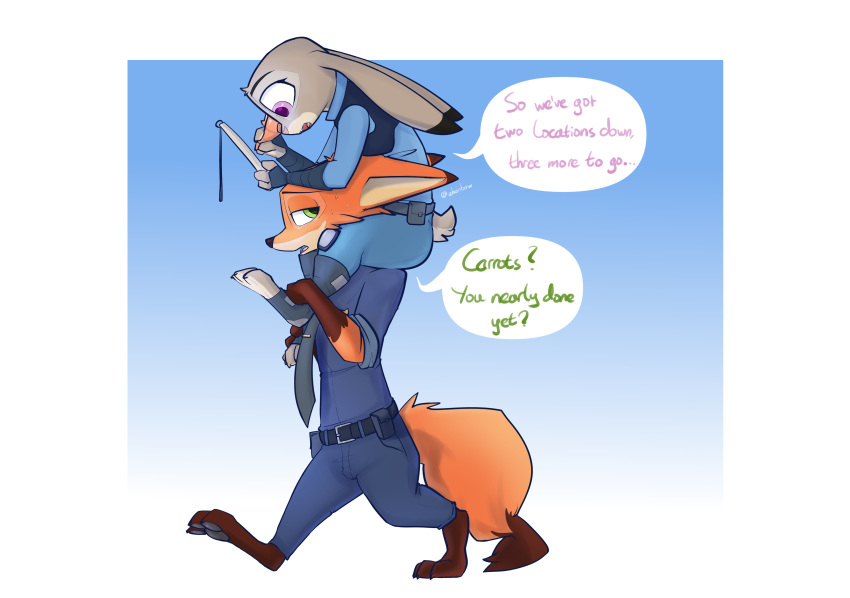 2020 absurd_res anthro barefoot belt blue_background bottomwear canid canine carrying clothed clothing dialogue disney duo english_text fox fully_clothed fur gradient_background green_eyes grey_body grey_fur hi_res holding_object judy_hopps lagomorph leporid mammal necktie nick_wilde on_shoulders orange_body orange_fur pants purple_eyes rabbit red_fox shirt simple_background speech_bubble text topwear walking zhan zootopia